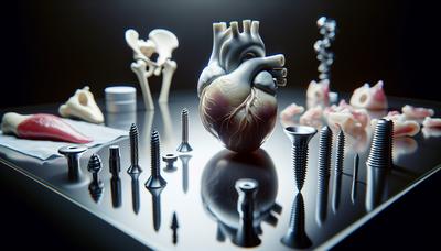 Corazón e implantes impresos en 3D en la mesa de exhibición.