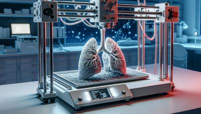 Impresora 3D creando modelo de tejido pulmonar para investigación.