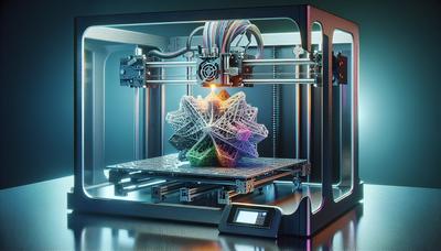 Impresora 3D fabricando un objeto complejo de múltiples materiales.