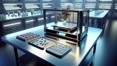 Impresora 3D fabricando pastillas personalizadas en una mesa.