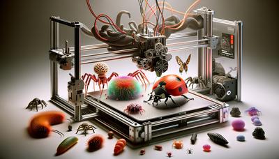 Impresora 3D con insectos y organismos siendo posicionados.