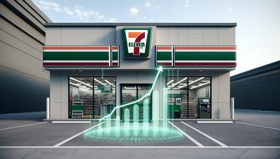 7-Eleven-butik med stigande aktiemarknadsgraf.

