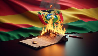 "Een brandende grondwet met op de achtergrond de Boliviaanse vlag"