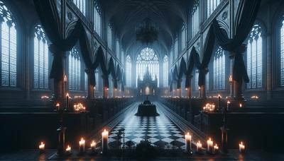 Una chiesa con illuminazione cupa e decorazioni in lutto.