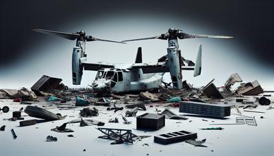 Un avion Osprey endommagé avec des débris dispersés.