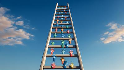 'Una scala con bambini che si arrampicano e mani di genitori che li guidano'