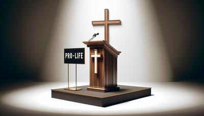 Een podium met een kruis en het bord "Pro-Life".