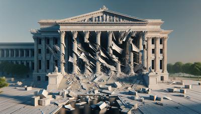 Un edificio del Capitolio destrozado con pancartas narrativas rotas.