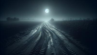 Strada rurale abbandonata con segni di pneumatici di notte.