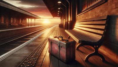 Valigia abbandonata sulla banchina del treno con il sole che tramonta.