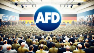 AfD-Logo mit verschwommenen Politikern im Hintergrund