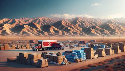 Paysage afghan avec des camions d'aide américains et des fournitures.