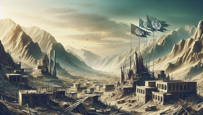 Paysage afghan avec drapeaux des talibans et infrastructures endommagées.