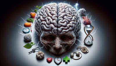 Cerebro envejecido con íconos de estrés y salud.