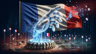 'Algoritmo de IA manipulando símbolos electorales y la bandera francesa'