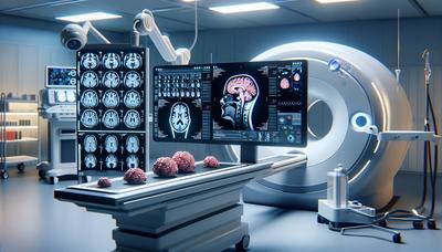 L'IA analyse les scans IRM cérébraux à côté des outils de radiologie.