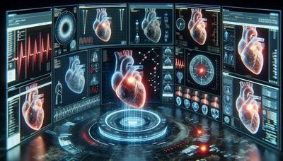 Intelligenza artificiale che analizza i dati delle scansioni cardiache su più schermi.