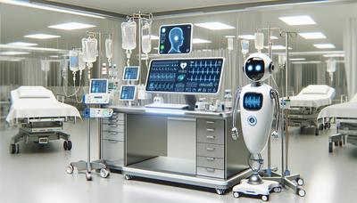 Chatbot de IA interagindo com equipamentos médicos no hospital.