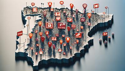 Symboles de désinformation sur l'IA au-dessus de la carte des symboles électoraux espagnols