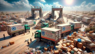 "Camiones de ayuda detenidos en un caótico cruce de Gaza."
