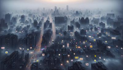 Poluição do ar sobre uma cidade com sinais de alerta de saúde.
