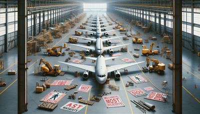 Línea de ensamblaje de aviones con carteles de huelga de los maquinistas.