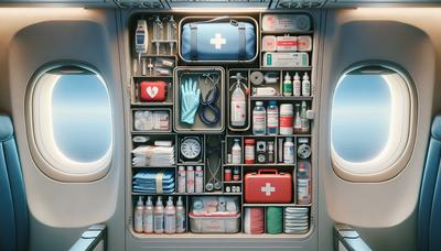 Finestrino dell'aereo con forniture mediche di emergenza.