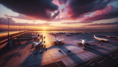 Flugzeuge stehen im Sonnenuntergang auf dem Rollfeld und plaudern.