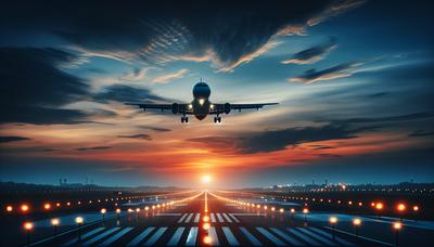 Pista dell'aeroporto con un aereo in arrivo al crepuscolo.