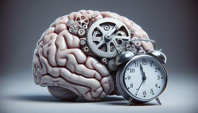 Reloj despertador y cerebro con engranajes girando.