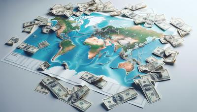 Dólares americanos espalhados pelo mapa de destinos de viagens globais.