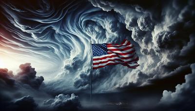 Amerikaanse vlag te midden van zwoelende stormachtige wolken spanning.