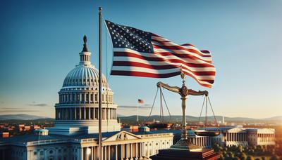 Bandera americana y edificio del Capitolio con balanza de la justicia