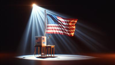 Amerikaanse vlag en stemhokje onder spotlight.