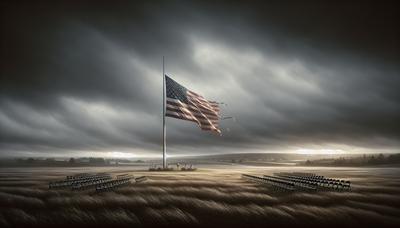 Drapeau américain en berne au-dessus de la foule sombre.