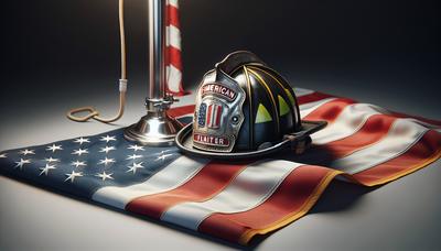 Bandera estadounidense a media asta con casco de bombero.