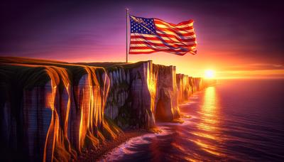 Amerikanische Flagge auf den Klippen von Pointe du Hoc bei Sonnenuntergang