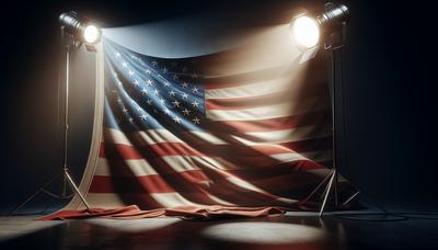 Amerikanische Flagge im Hintergrund mit intensivem Spotlight und dramatischen Schatten