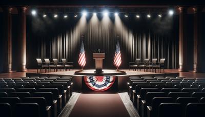 Des podiums à drapeau américain avec en toile de fond une atmosphère de débat intense.