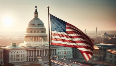 Amerikansk flagga med en suddig Capitolium-byggnad i bakgrunden.