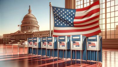 Bandera estadounidense con el Capitolio al fondo y cabinas de votación.