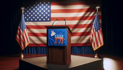 Drapeau américain avec des symboles du Parti démocrate et un podium.