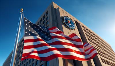 Amerikanische Flagge mit FBI-Gebäude im Hintergrund