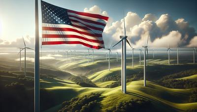 Amerikanische Flagge mit grüner Landschaft und Windkraftanlagen