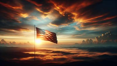 Amerikaanse vlag met hoopvolle zonsopgang op de achtergrond