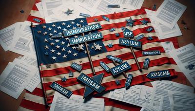 Amerikansk flagga tillsammans med immigrationsskyltar och asyldokument.

