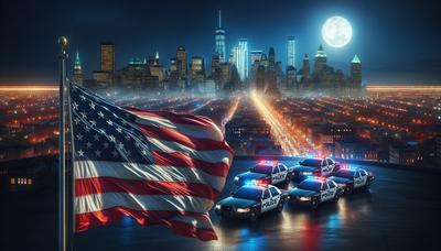 Bandeira americana com carros de polícia e paisagem urbana à noite