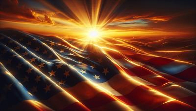 Amerikaanse vlag met opkomende zon en hoopvolle kiezers.