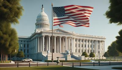 Bandera estadounidense con la Casa Blanca y el Capitolio