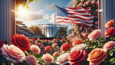 Bandera americana con la Casa Blanca y rosas.